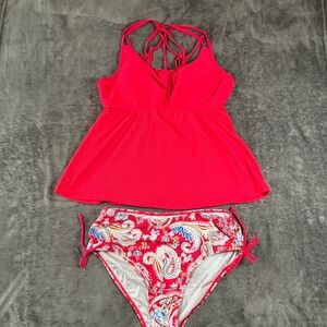 Red Ribbed Tankini Set Paisley High Waist Bottoms Strappy Swimsuit Womens Large